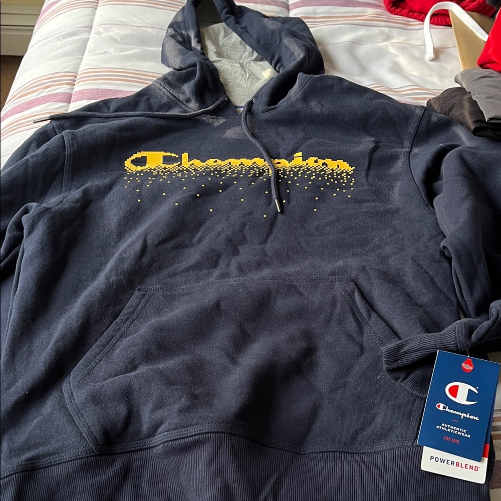 Champion Men's Hoodie in Navy with Yellow Logo